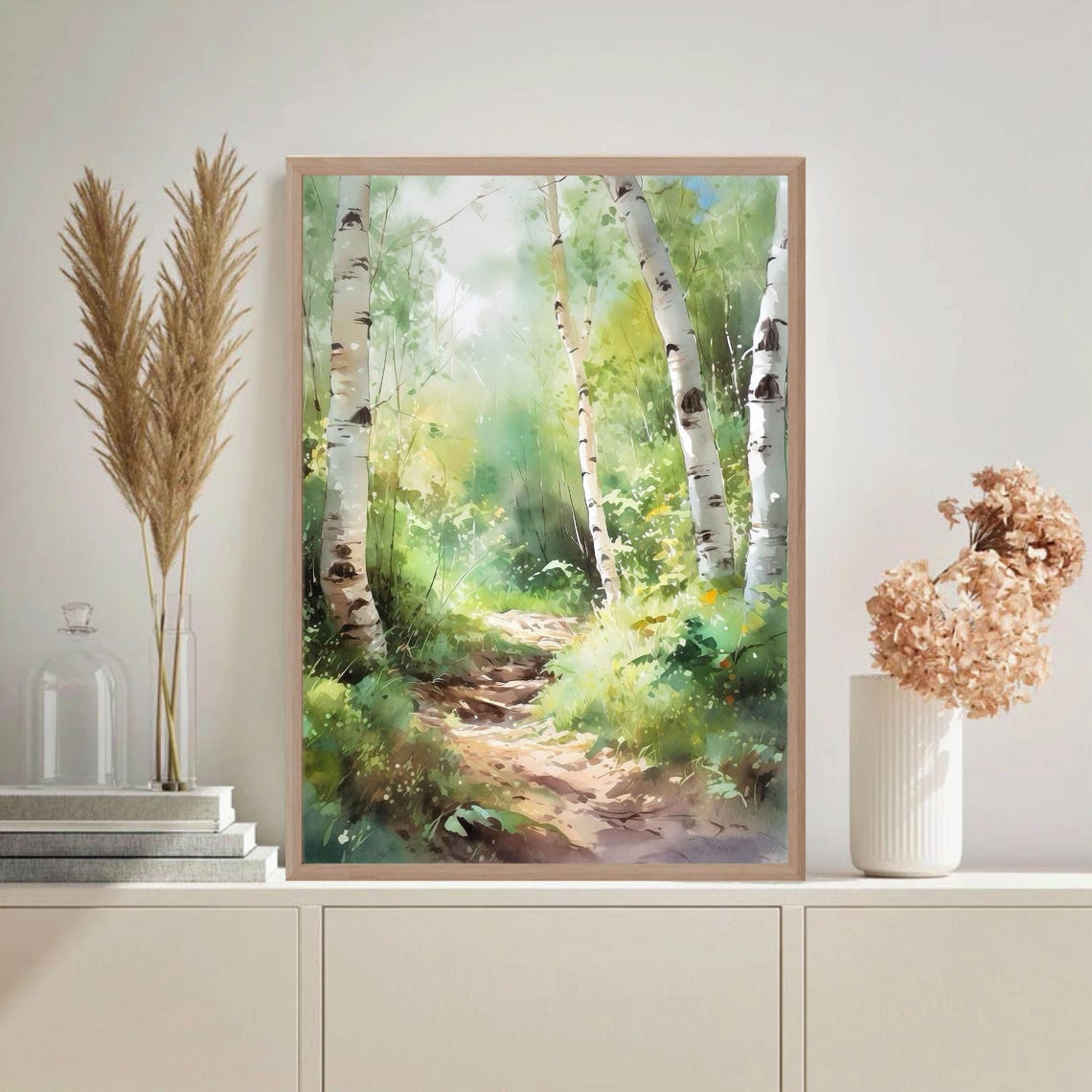 Sunlit Birch Tree Woodland Path Green Watercolor Nature Poster - Image 5