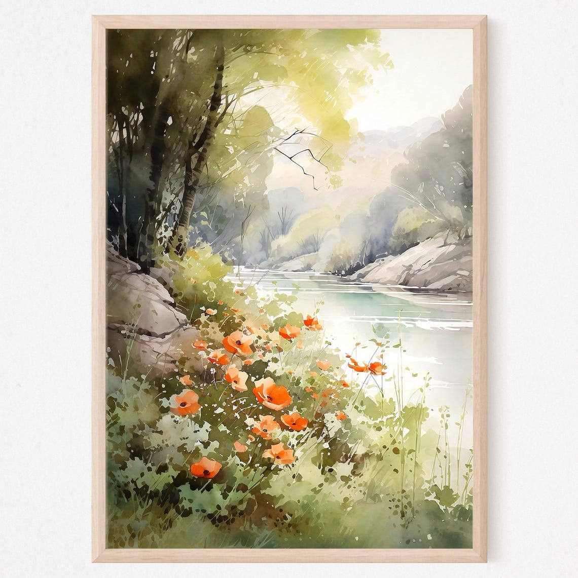 Orange Poppies Along Calm Forest River Watercolor Art Poster