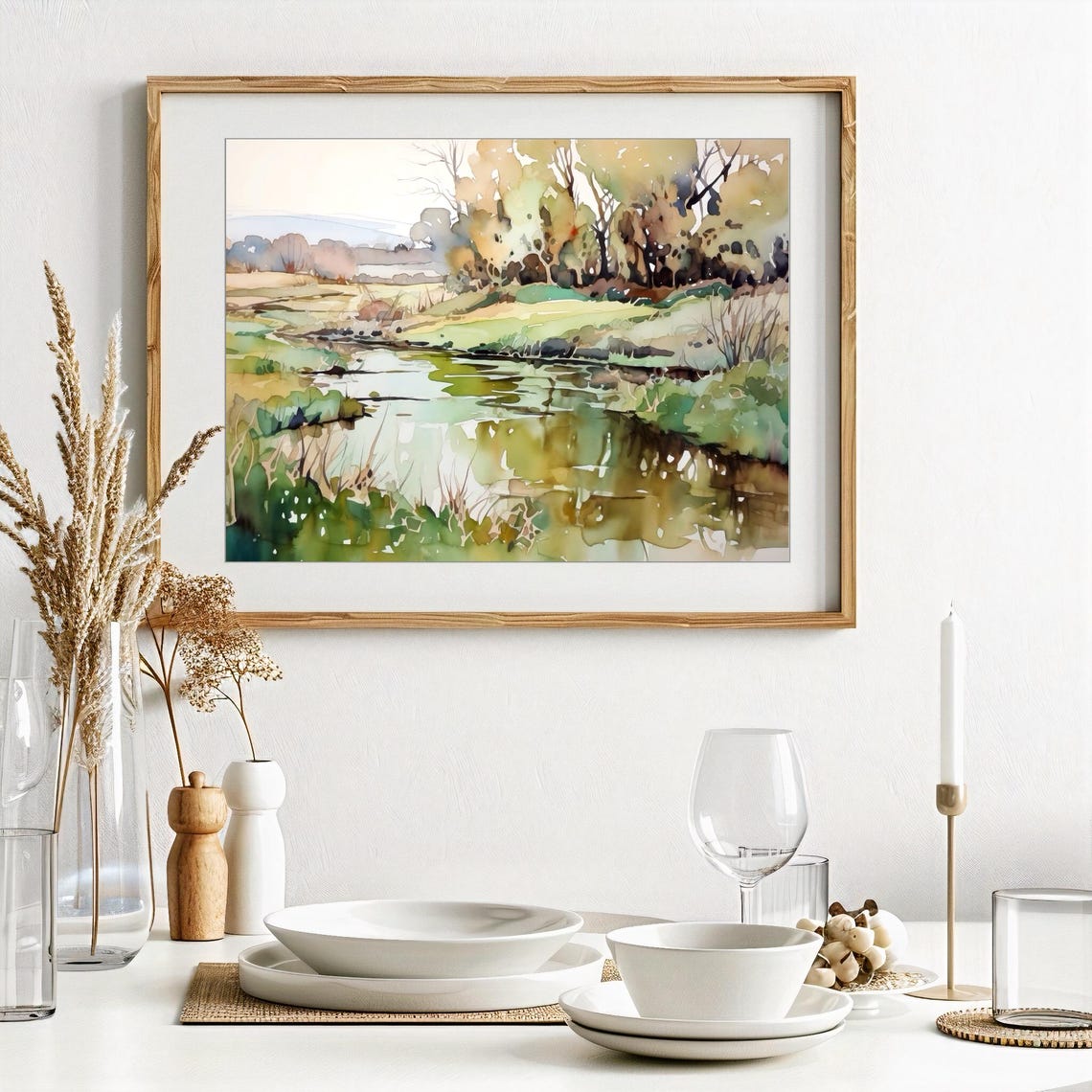 Rural River Winding Through Green Banks Watercolor Landscape Poster - Image 4