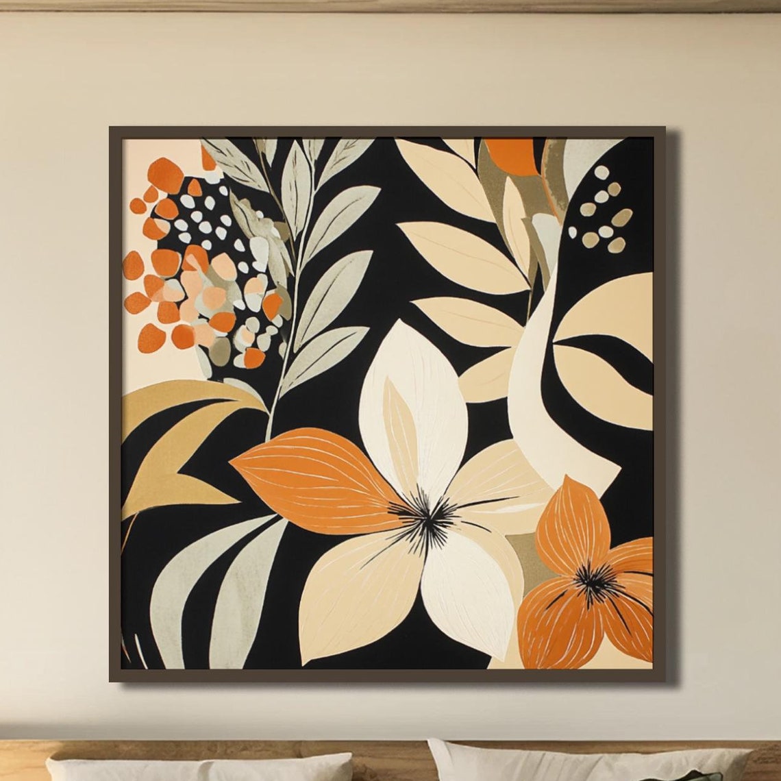 Modern Botanical Black Background Orange Cream Floral Abstract Poster