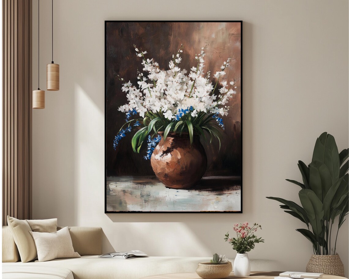 White Spring Flowers Rustic Brown Vase Vintage Oil Painting Poster - Image 4