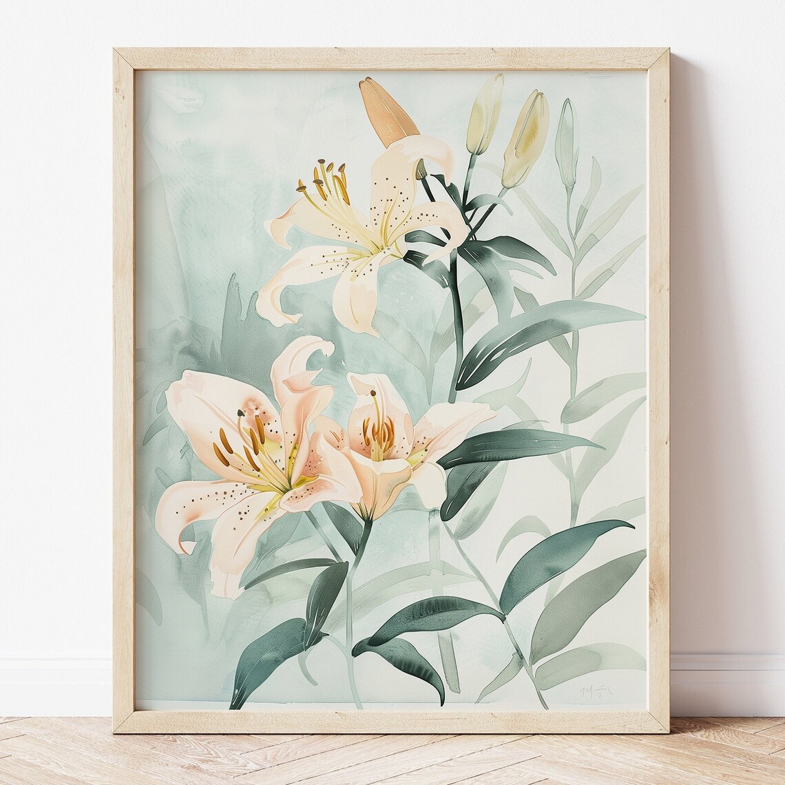 White Lily Watercolor Spring Flower Neutral Botanical Wall Art