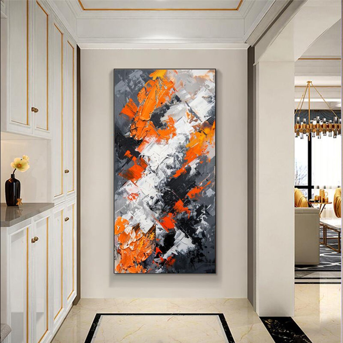 Fiery Orange Black and White Vertical Abstract Artwork Poster - Image 2