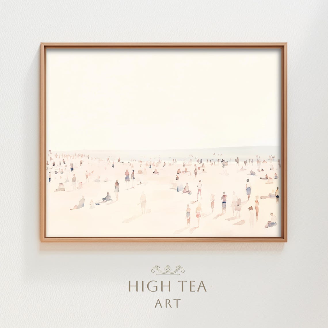 Muted Beach Crowd Sunbathing Pastel Watercolor Coastal Scene Wall Art
