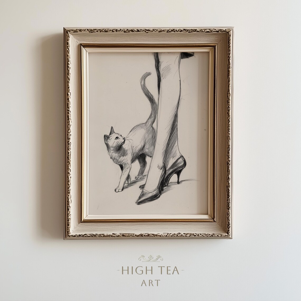 Vintage Cat Sketch Art Print, Minimal Neutral Line Art