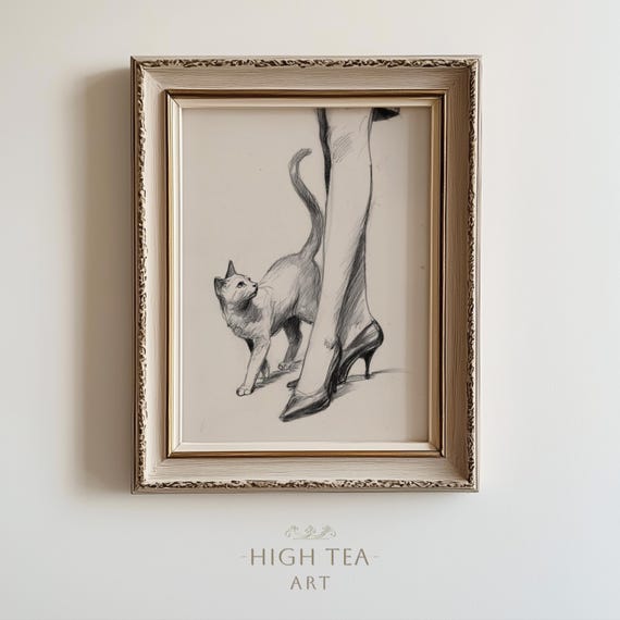 Vintage Cat Sketch Art Print, Minimal Neutral Line Art