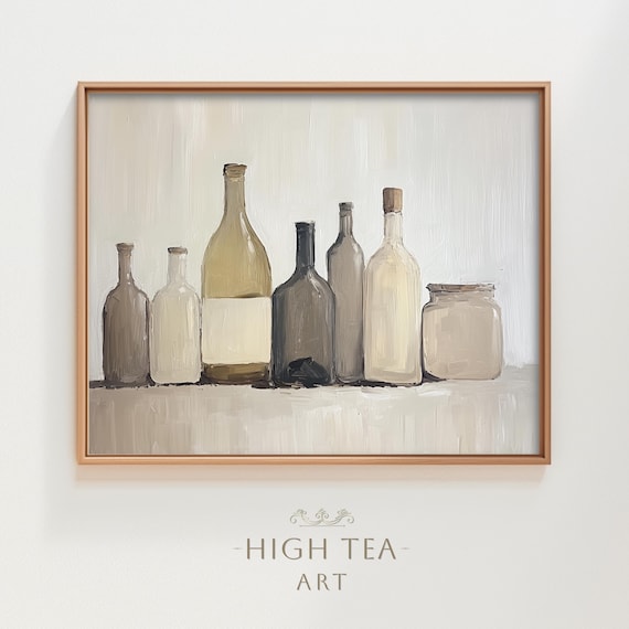 Neutral Bottles Jars Oil Painting, Minimalist Art Print