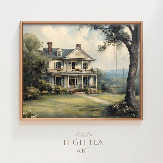 Vintage Southern 19th Century Estate Art Print Countryside Tree Swing Neutral Muted Colonial House Hta194