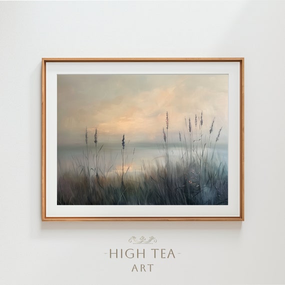 Lakeside Countryside Landscape Oil Painting Art Print Rustic Vintage Neutral Field Muted Home Decor Reeds Lake Hta048
