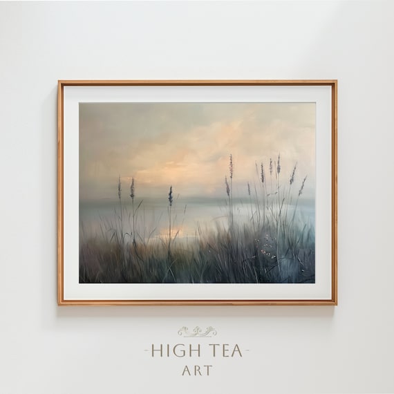 Misty Lakeside Reeds Sunrise Vintage Style Oil Painting Poster