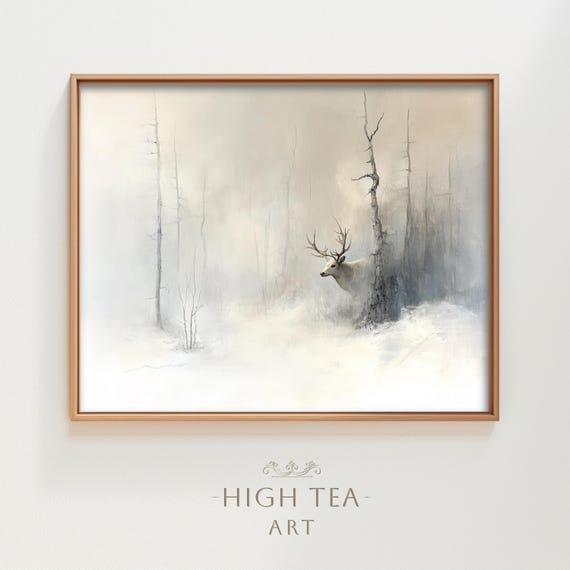 Snowy Winter Landscape Deer Oil Painting Art Print Muted Buck Forest Neutral Wall Decor Hta271