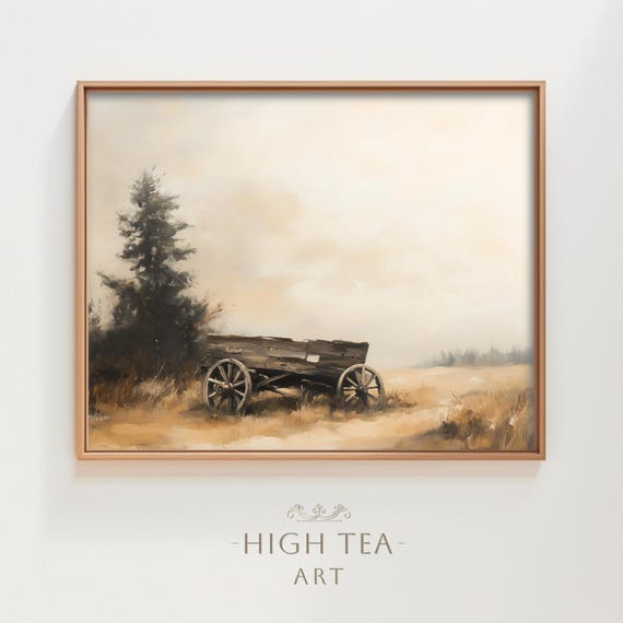 Vintage Derelict Wild West Wagon Oil Painting Art Print Neutral Muted Rustic Charm Beige Tones Hta213