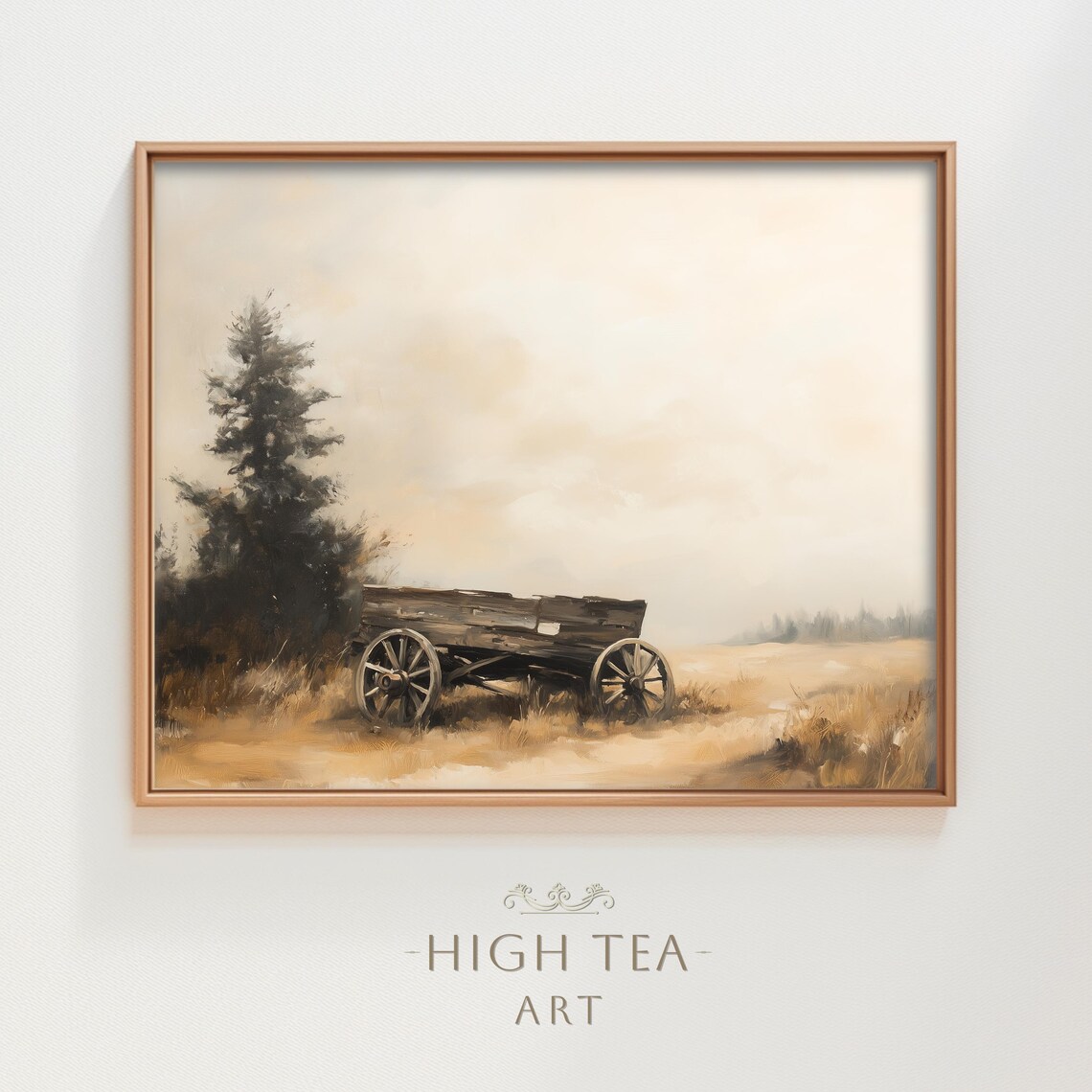 Derelict Wild West Wagon Oil Painting Muted Neutral Farm Wall Art