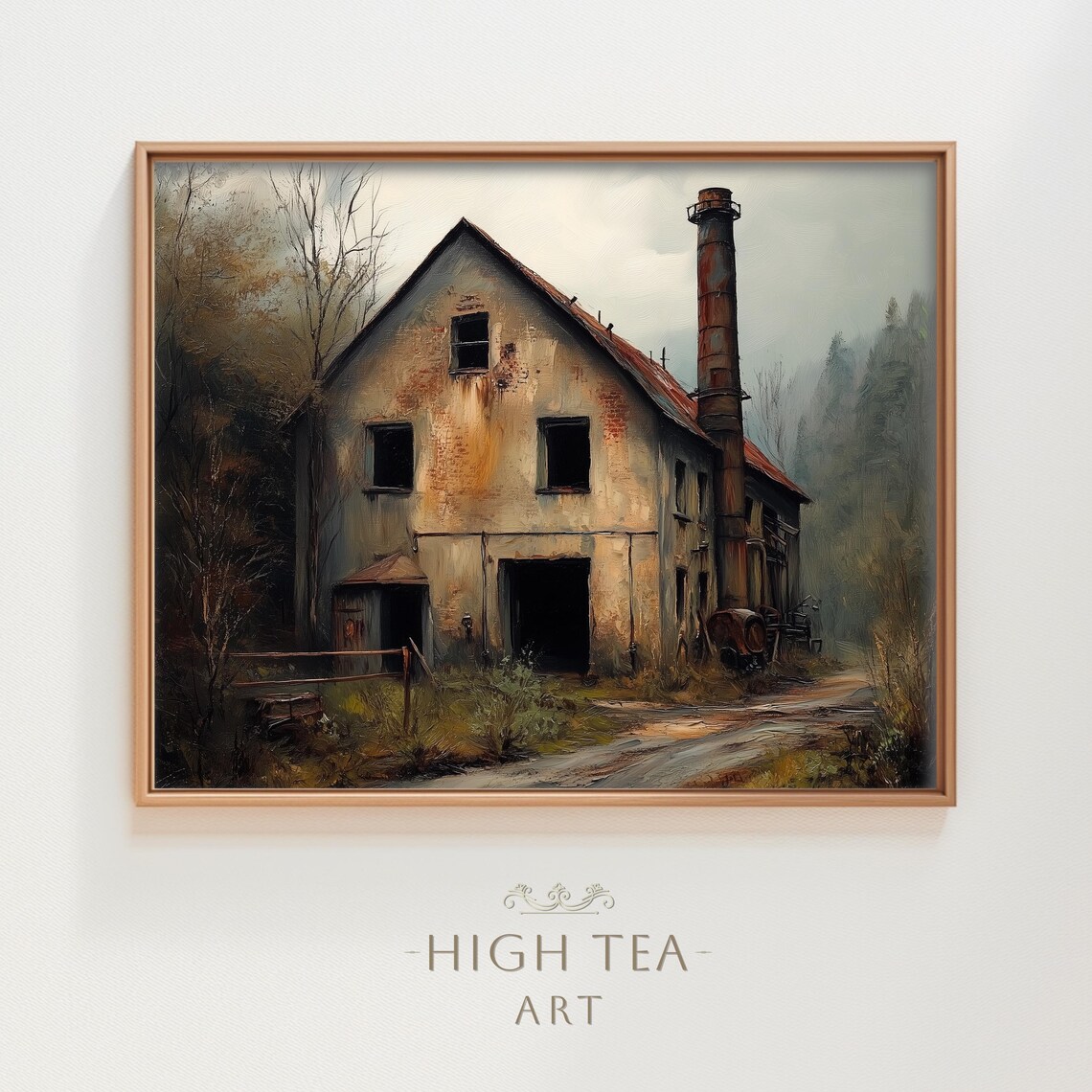 Abandoned Old Factory Moody Oil Painting Industrial Landscape Print