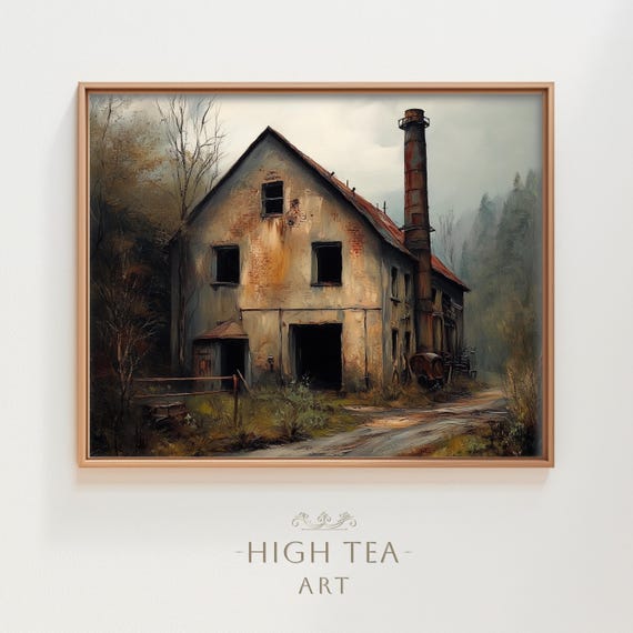 Rustic Old Abandoned Factory Oil Painting Art Moody Industrial Forest Derelict Building Print Hta328