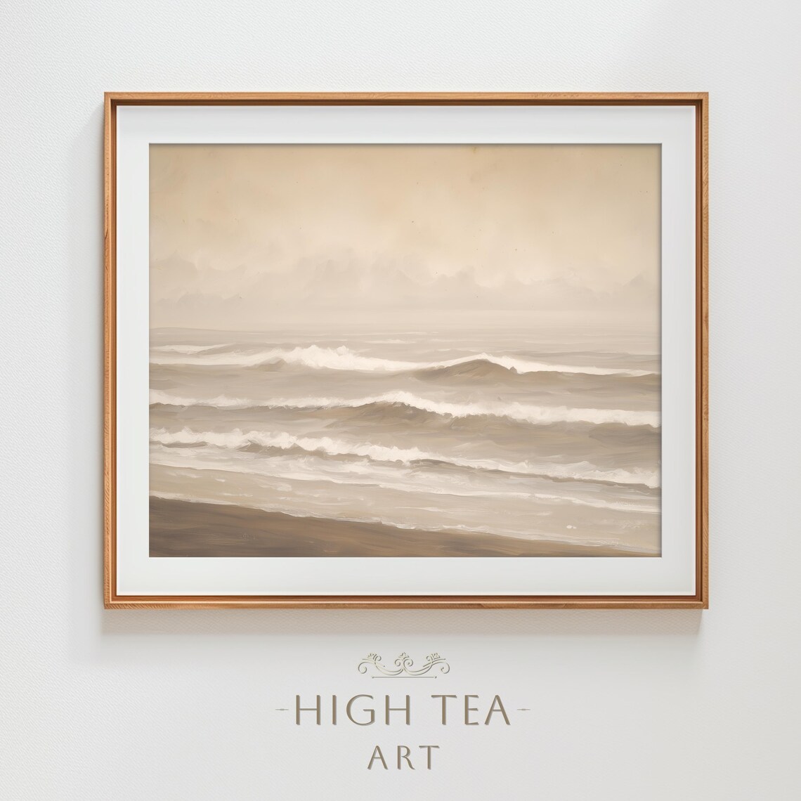 Sepia Coastal Beach Waves Oil Painting Print Neutral Ocean Shore Minimalist Art