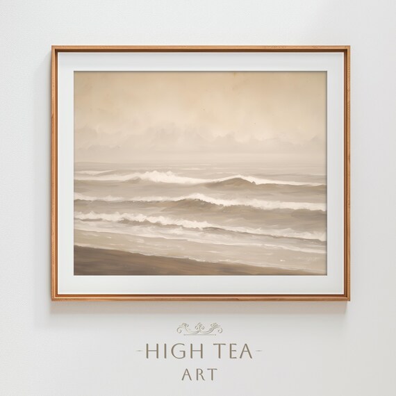 Sepia Coastal Beach Waves Oil Painting Print Neutral Ocean Shore Minimalist Art