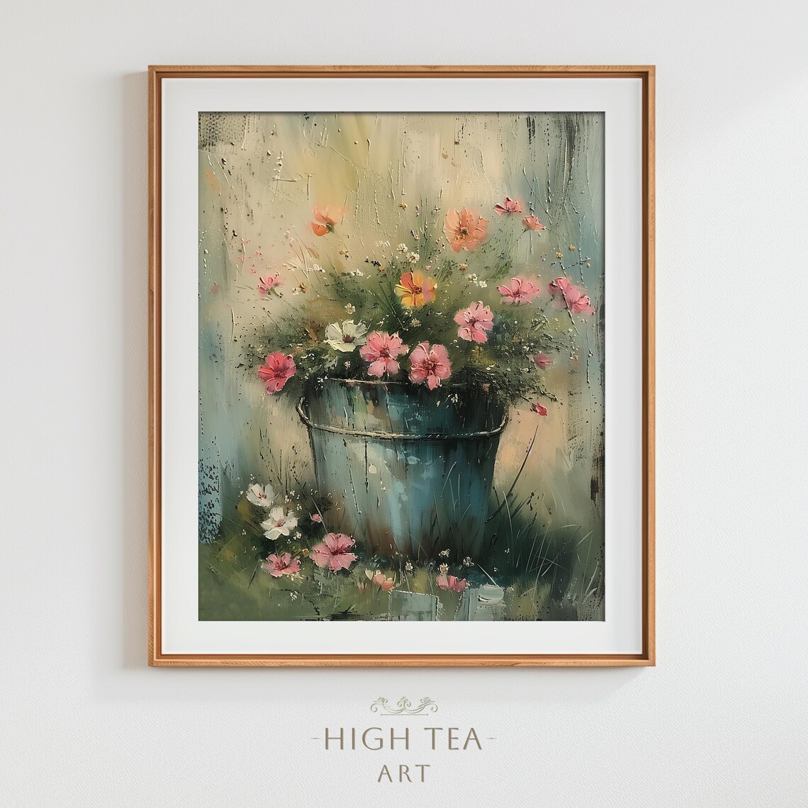 Vintage Flowers Bucket Art Print, Rustic Farmhouse Botanical