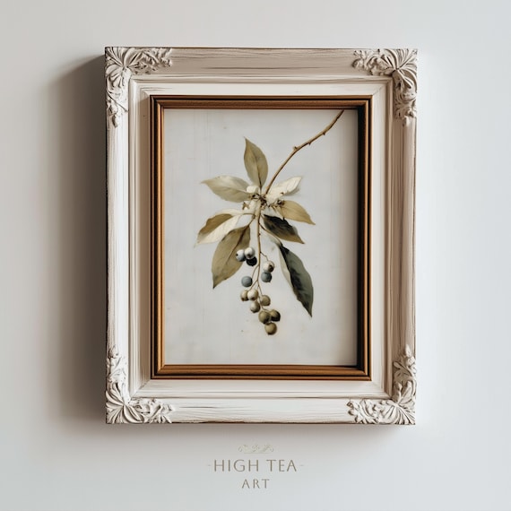 Muted Branch With Berries Neutral Leaves Vintage Botanical Print