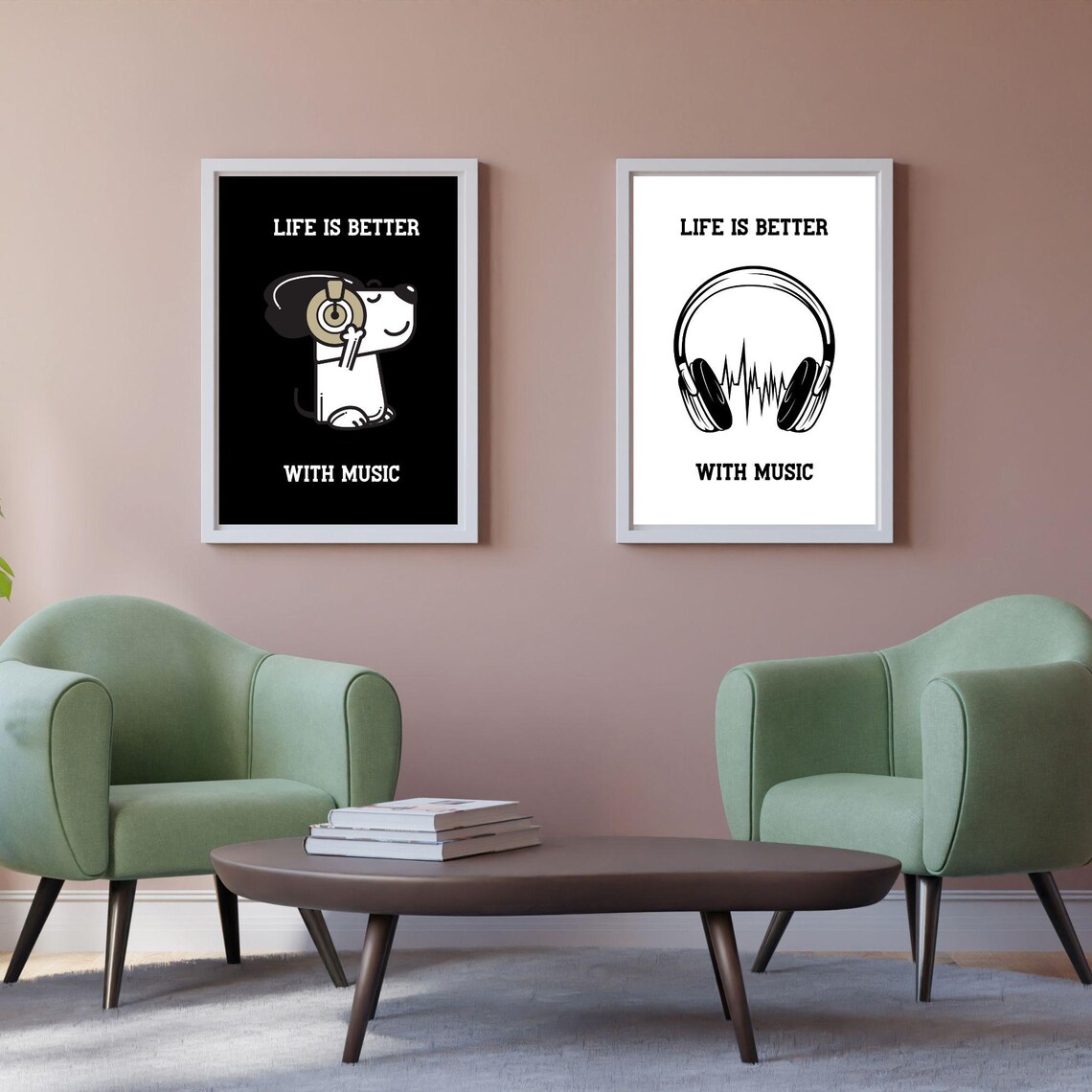 Life Is Better with Music Headphones Black and White Quote Poster - Image 2