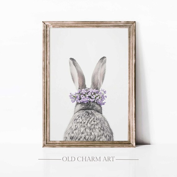 Bunny Back View Lavender Flower Crown White Minimalist Wall Art Poster