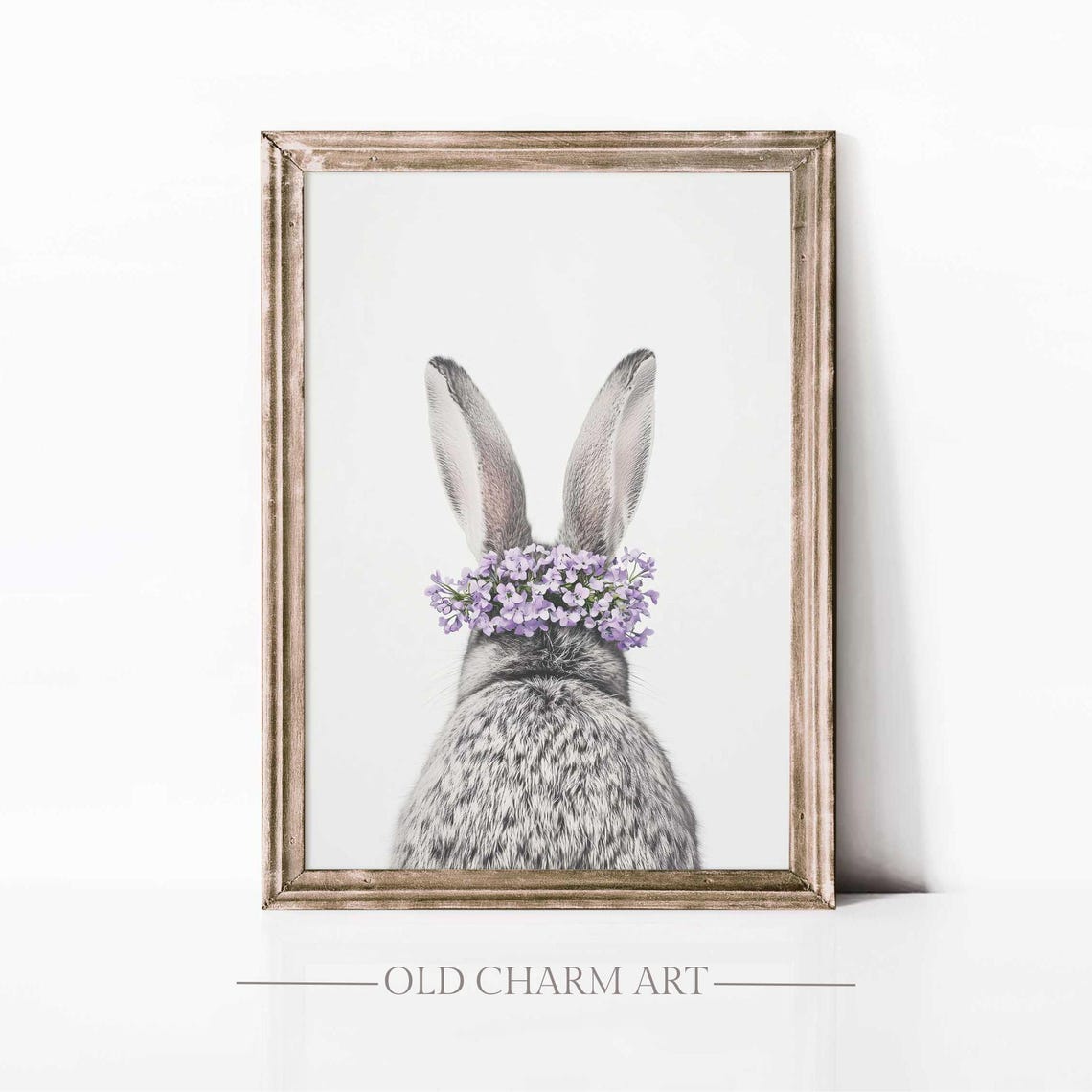 Bunny Back View Lavender Flower Crown White Minimalist Wall Art Poster