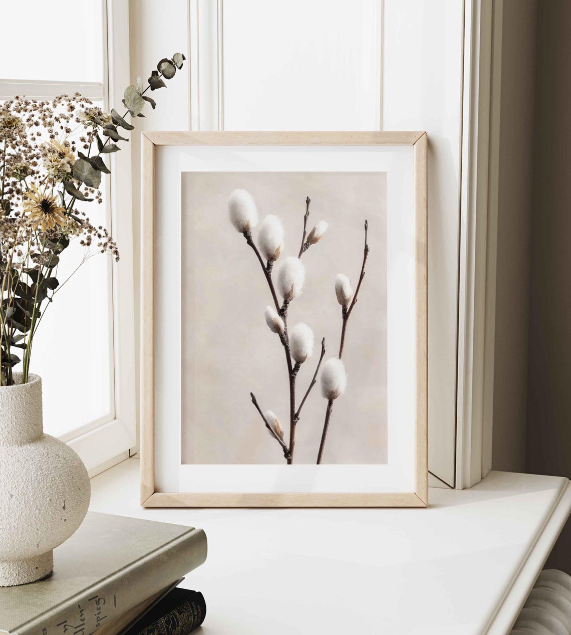 White Pussy Willow Branches Cream Botanical Minimalist Wall Art Poster - Image 3
