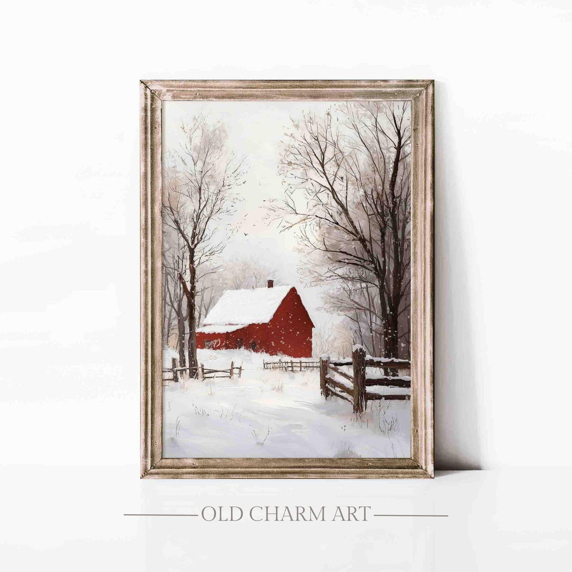Lone Red Barn In Falling Snow Bare Trees Minimalist Winter Farm Poster