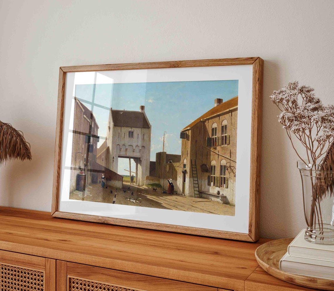 Old Dutch City Gate with Brick Houses in a Sunny Courtyard Art Poster - Image 4