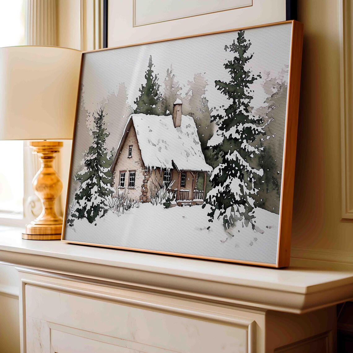 Cozy Snowy Cabin Evergreens Watercolor Winter Painting Poster - Image 2