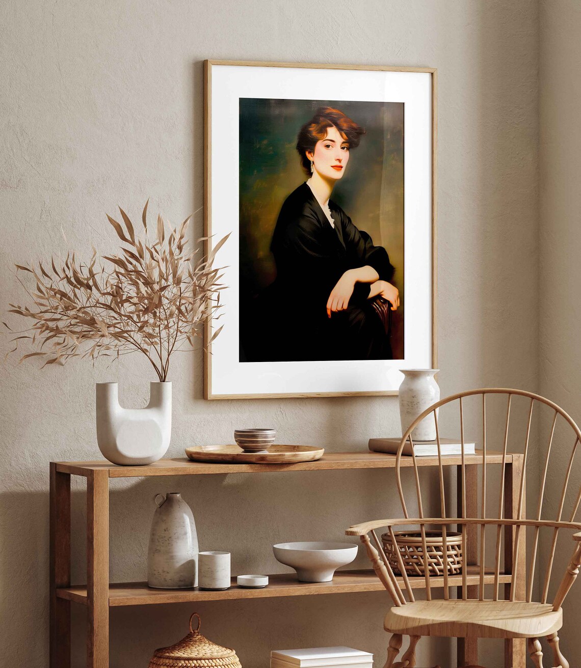 Elegant Red Haired Woman in Black Dress Vintage Oil Portrait Poster - Image 2