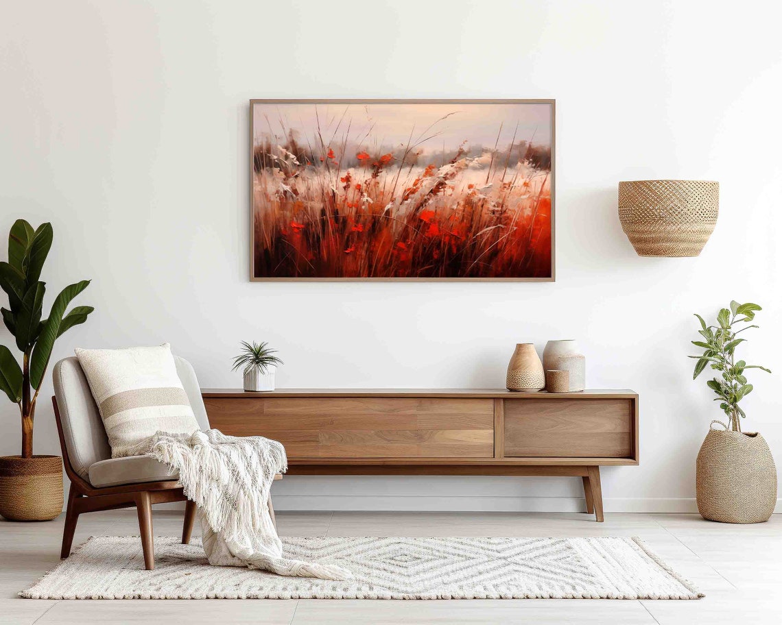 Autumn Meadow Red Wildflowers Impressionist Frame TV Art Print - Image 2