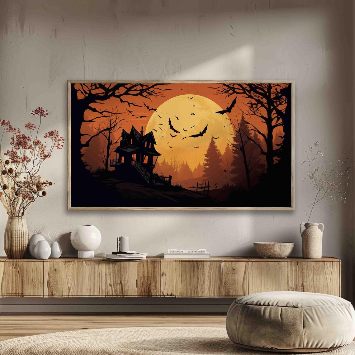Haunted House Under An Orange Moon With Bats And Bare Trees Poster - Image 3