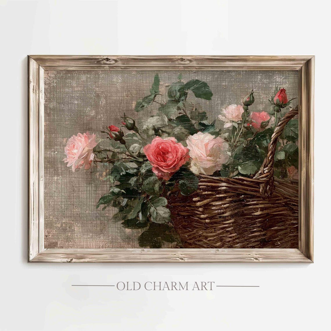 Vintage Pink Roses Wicker Basket Textured Oil Painting Wall Art Poster