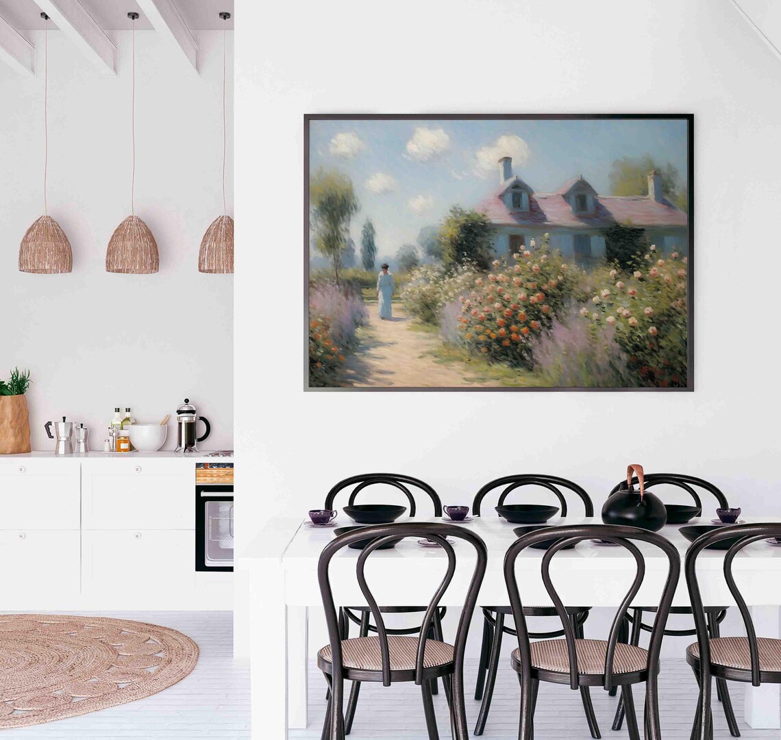 Woman Walking Rose Garden Path To Cottage Impressionist Summer Poster - Image 2