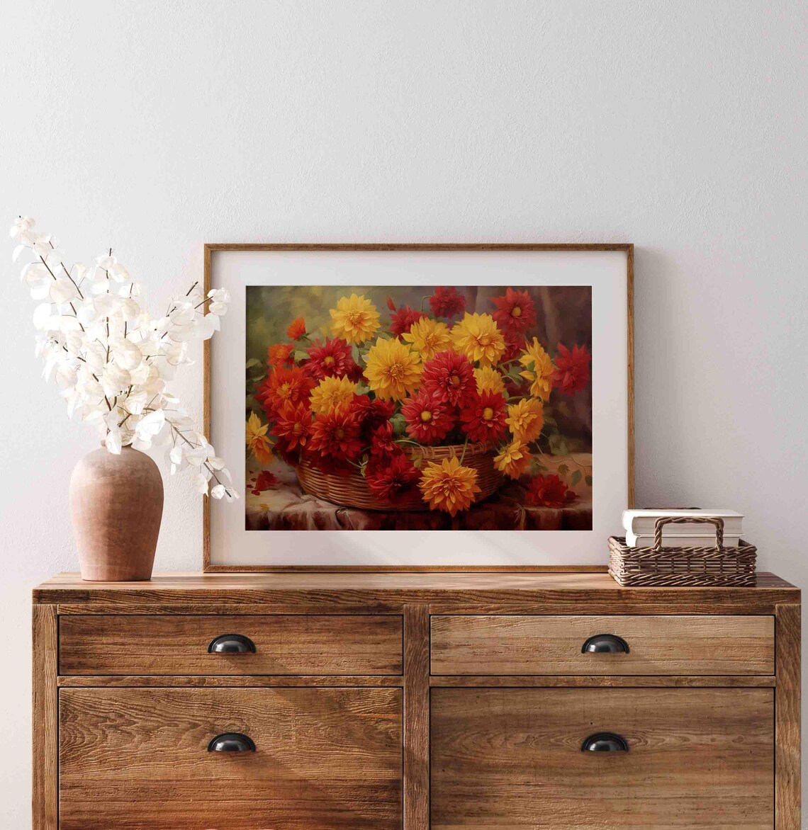 Basket of Red and Yellow Chrysanthemums Autumn Floral Art Poster - Image 4