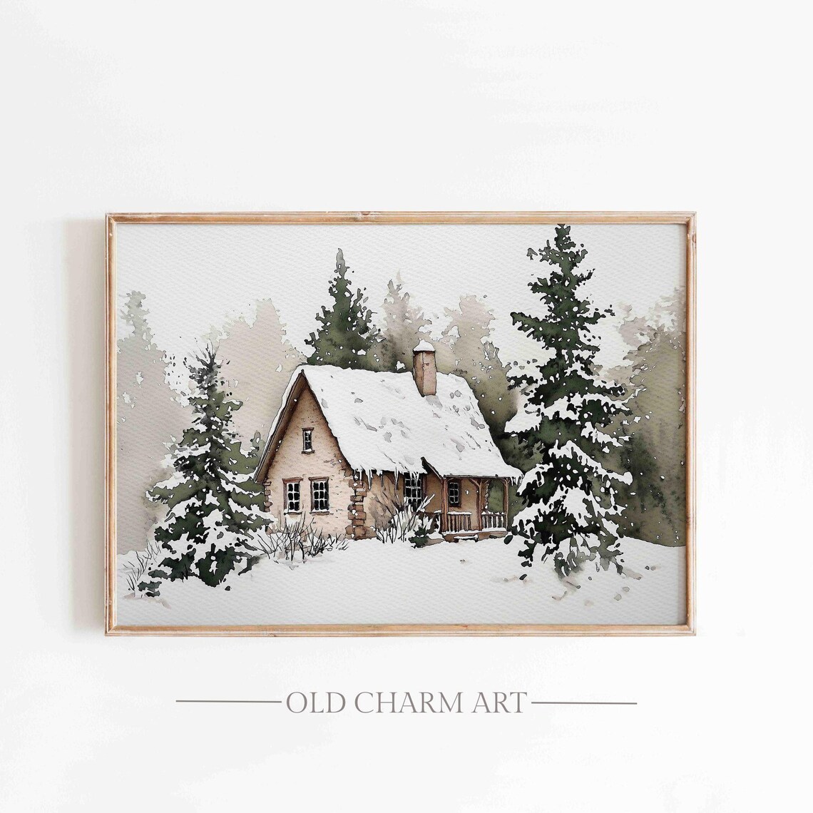 Cozy Snowy Cabin Evergreens Watercolor Winter Painting Poster