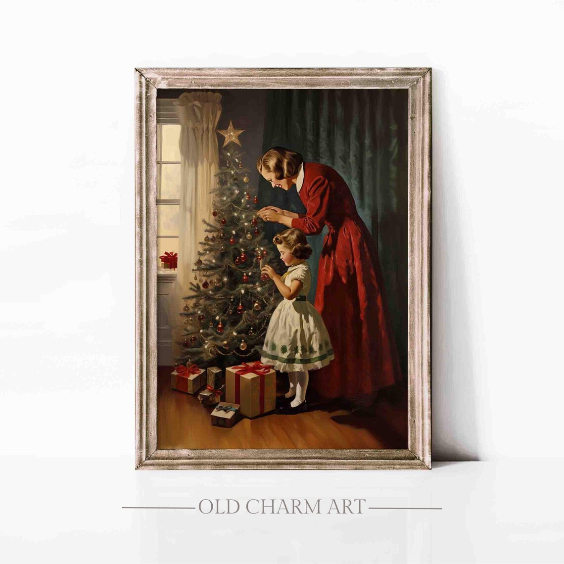 Loving Mother and Daughter Decorating Christmas Tree Vintage Poster