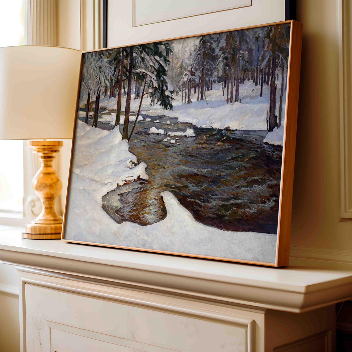 Wild Snowy Forest Stream Running Water Winter Painting Poster - Image 2
