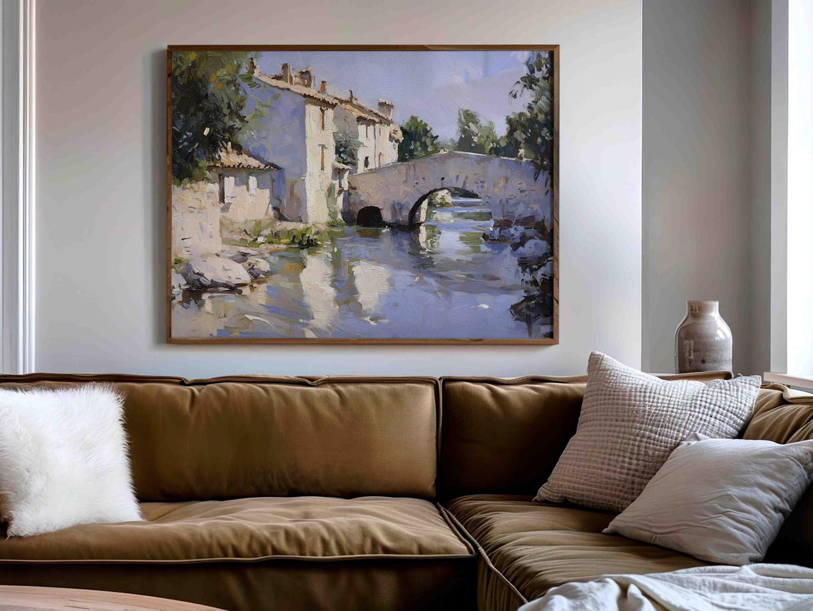 Old Stone Bridge Over River by Village Mill Sunny Impressionist Poster - Image 4