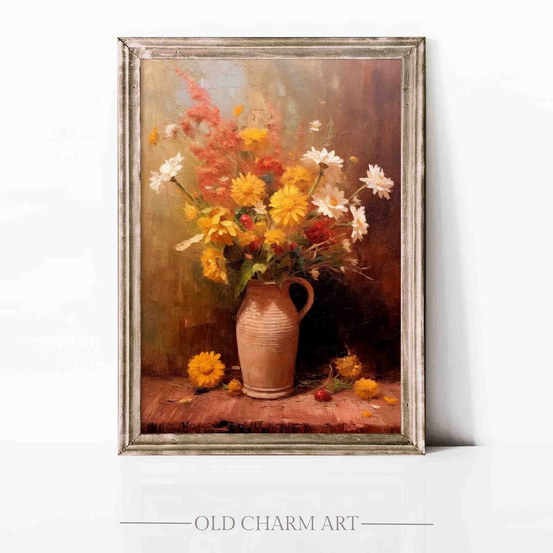 Wildflower Bouquet in a Clay Jug Vintage Floral Still Life Poster