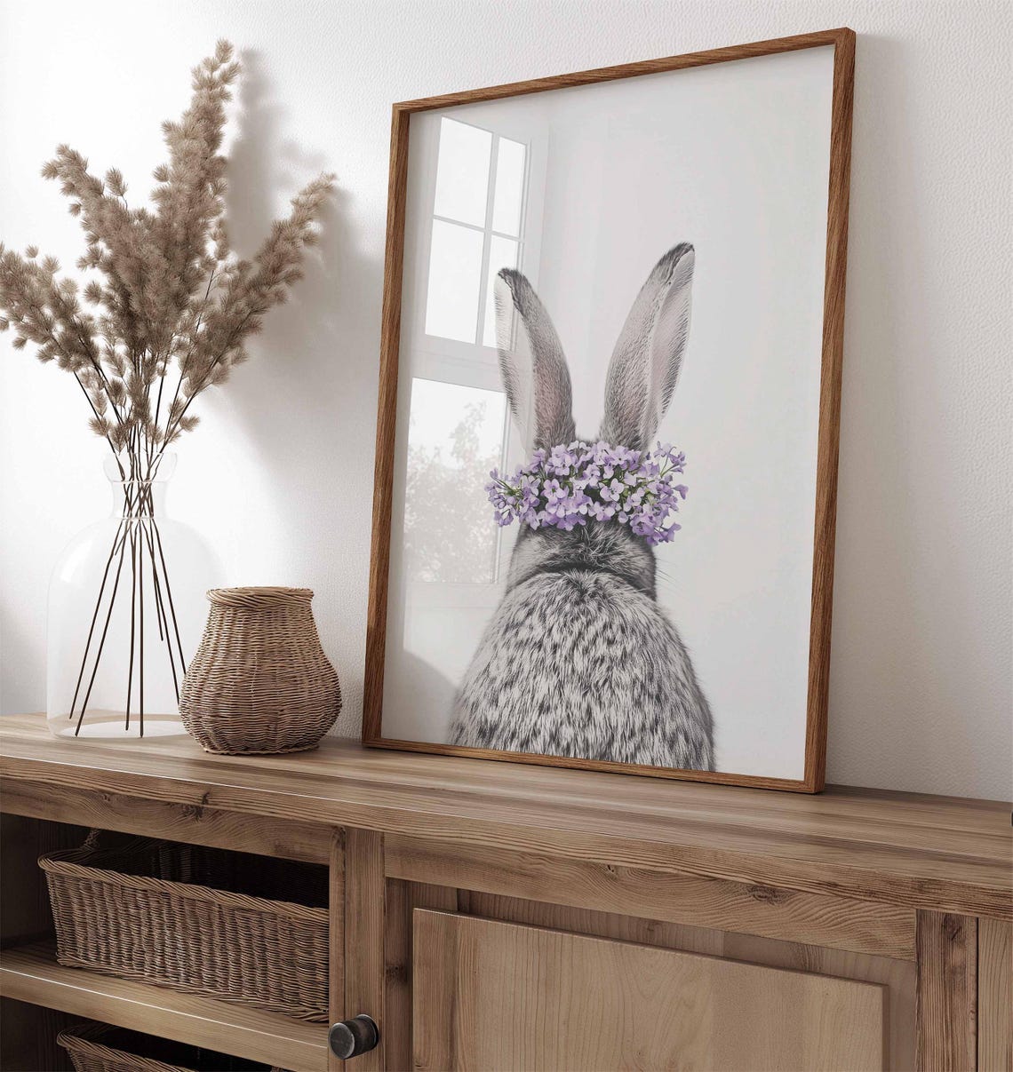 Bunny Back View Lavender Flower Crown White Minimalist Wall Art Poster - Image 3