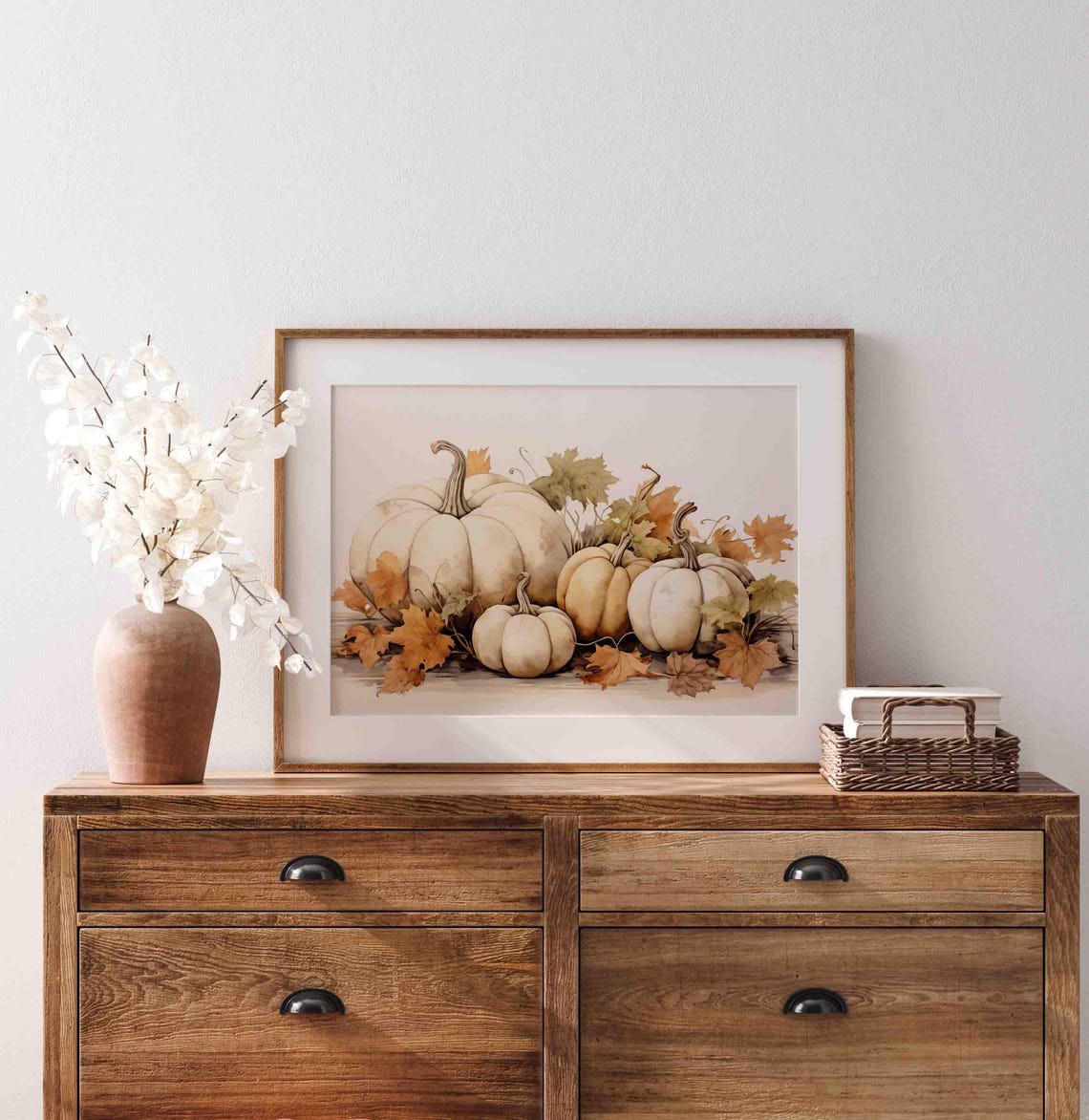 White Pumpkins And Autumn Leaves Neutral Fall Still Life Poster - Image 2