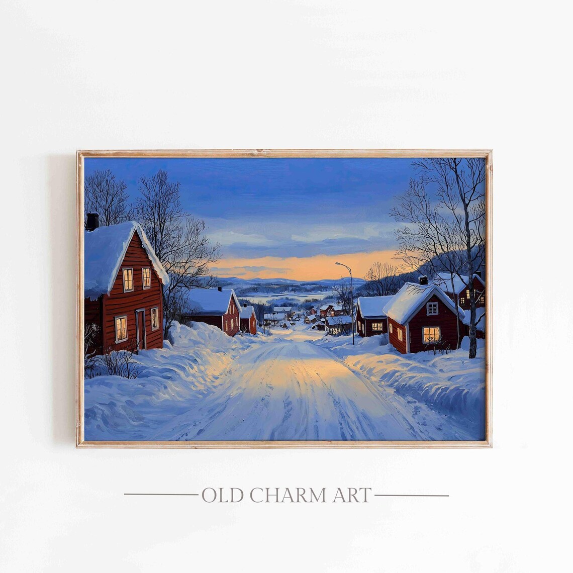 Cozy Scandinavian Winter Village Red Houses Dusk Painting Poster