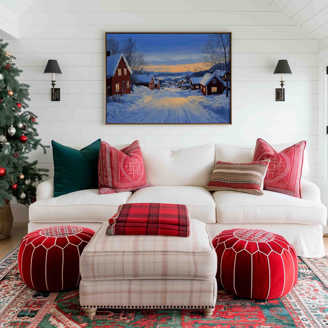Cozy Scandinavian Winter Village Red Houses Dusk Painting Poster - Image 2