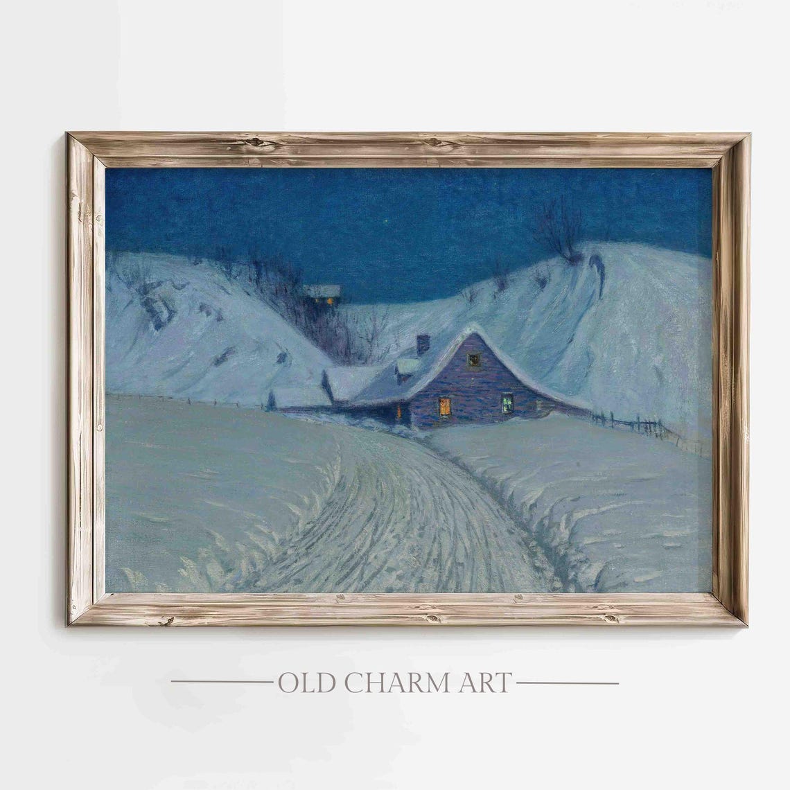 Winter Night Cabin Snowy Hills Glowing Windows Painting Poster