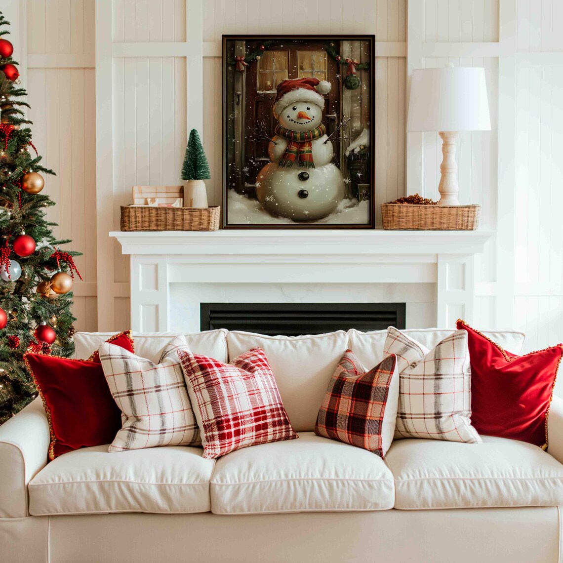 Cheerful Snowman In Santa Hat At Door With Garland Plaid Scarf Poster - Image 4