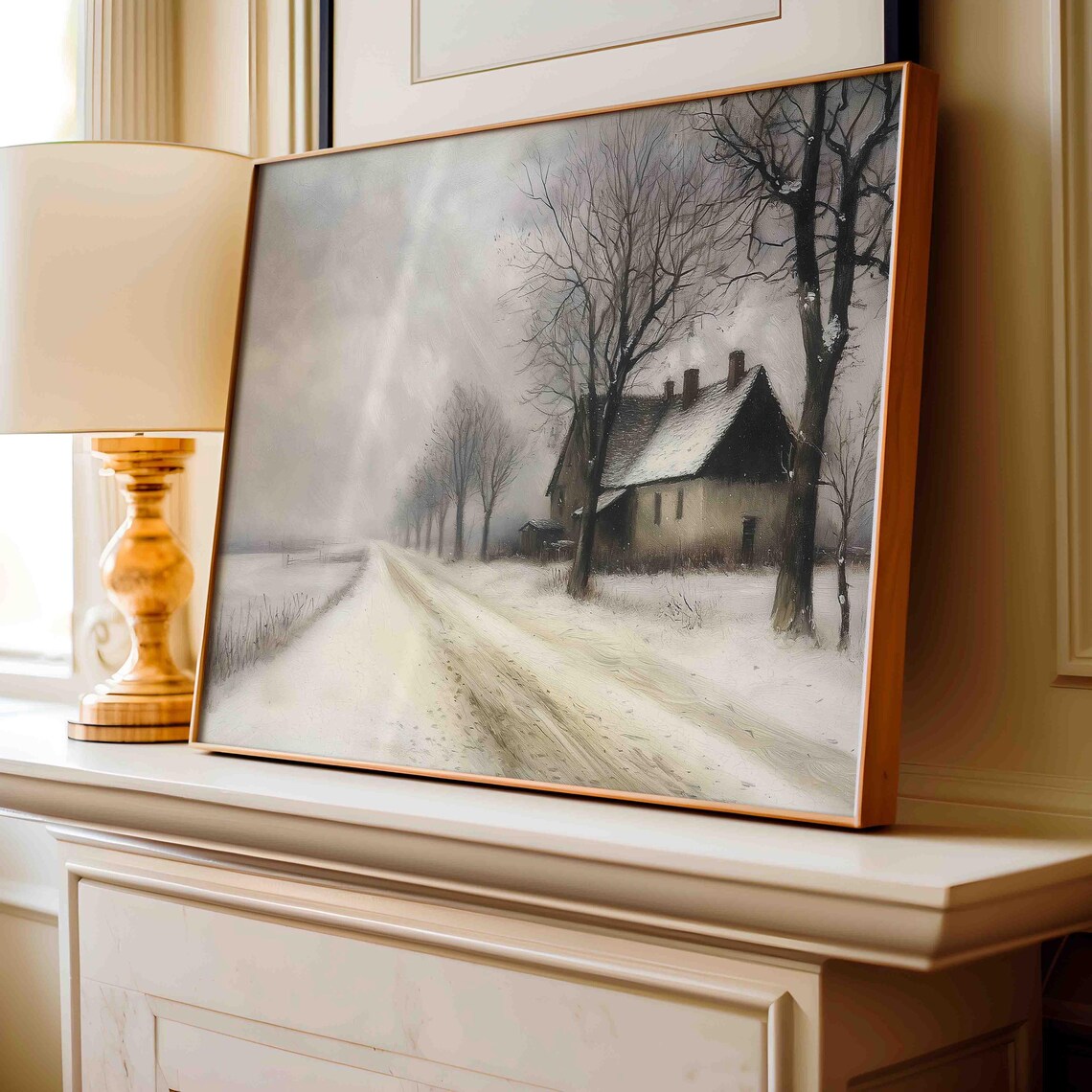 Quiet Moody Winter Country Road Farmhouse Snow Painting Poster - Image 3