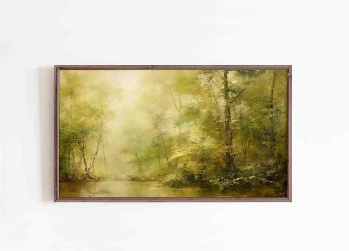 Misty Green Forest With a Stream Soft Impressionist Nature Poster - Image 4