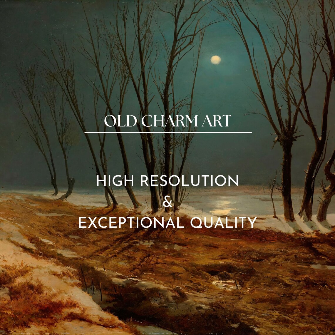 Moonlit Winter River Bare Trees Oil Painting Vintage Night Poster - Image 3